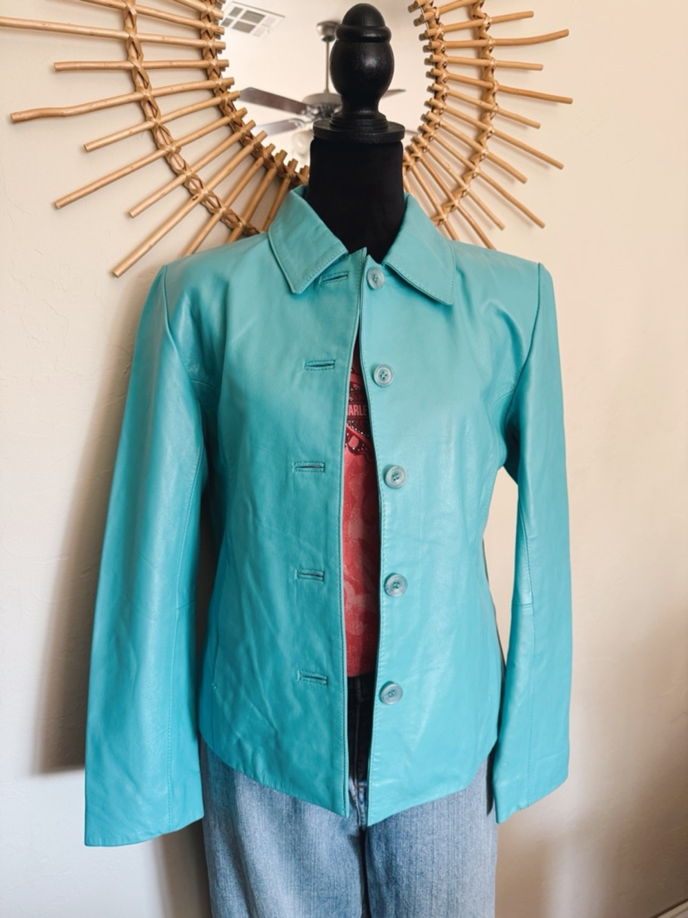 Turquoise Leather Button-Front Jacket - Women's